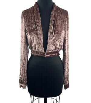 Lovers + Friends Brown Floyd Velvet Top Deep V-Neck Cropped Long Sleeve Size S